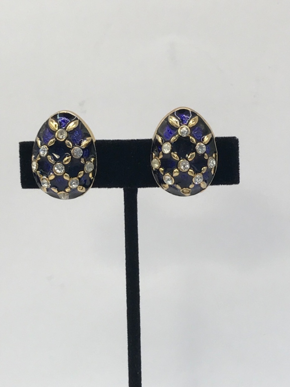 Tassle earrings vintage clip on egg shape blue enameled with rhinestones